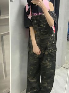 Camouflage Workwear Denim Suspenders Womens Summer New Arrival Fried Street Loose Slimming and Straight Casual Wide Leg One-Piece Pants