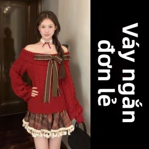 SENWA | Bộ Đầm Len Quai Ngang Màu Đỏ Không Khí Ngày Lễ