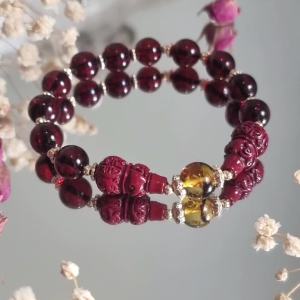 Amber & Wulou - Longevity Good Health & Prosperity Bracelet - Flower Amber Blood Amber Cinnabar Wulou
