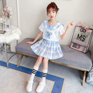 Lsshow Girls jk thiết lập Đầm mùa hè trẻ em mới của ăn mặc mùa hè đồng phục học sinh Đại Học gió xếp li Đầm công chúa