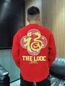 2025 New Year Red round Neck Long Sleeve Hoodie Mens Fashion Print Casual Tailored Top Cotton Polyester Straight Cut Youth Trend