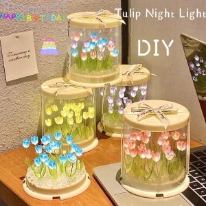 Aitemay Creative Tulips Mirror Cake Lamp Tulip Night Light DIYHandmade Craft Lamp Simulation Flower Bedroom Sleeping Table Lamp For Friends Birthday Gift
