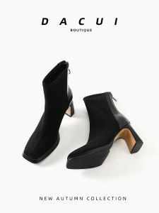 เรียบหรู รองเท้าส้นสูงกํามะหยี่ ฤดูใบไม้ร่วง ฤดูหนาว 2023 รองเท้าบูทส้นหนาสไตล์ใหม่ สีดำ หลากหลาย หัวเหลี่ยมก้นหนา ผู้หญิง รองเท้าบูท