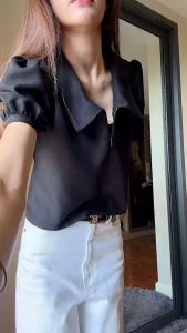 เสื้อครอปสั้นคอปกแขนตุ๊กตาพร้อมซิปหน้า สไตล์เกาหลี