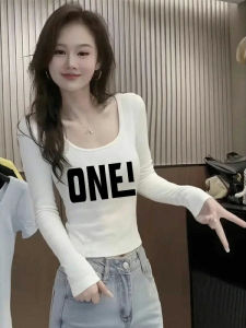 White Letter Long Sleeve U-Neck Slim Fit Waist Cinching Elastic Cotton Base Shirt Womens Fashion Autumn New Style Inner Wear
