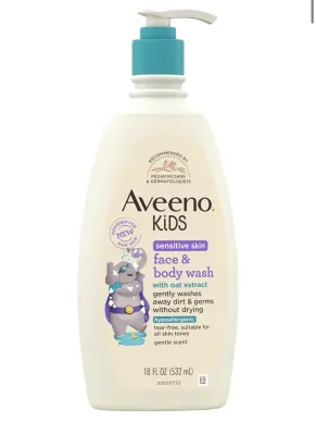 Aveeno Kids Sensitive Skin Face & Body Wash with Oat Extract Gently Washes Away Dirt & Germs Without Drying Tear-Free & Suitable for All Skin Tones Hypoallergenic 18 fl. Oz