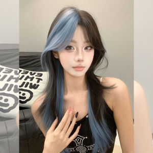 Tide Womens Lolita Wig Realistic Half-Up Blue Highlighted Full-Top Hairpiece Fashionable Anti-Aging Side Part Hair Extension