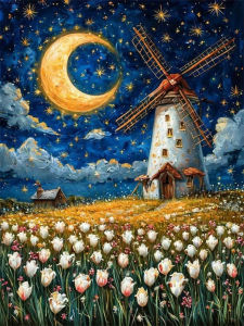 HUACAN Diamond Painting Windmill House Landscape Mosaic Moon Flower Field Nature Handicrafts Christmas Gift Home Decor