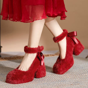 French Style Furry High Heels Thick Heel Waterproof Platform Red Wedding Shoes Winter Fleece Lined Mary Jane Single Shoes