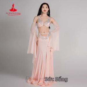Bộ Trang Phục Múa Bụng Đá Quý Cao Cấp Dành Cho Nữ Gồm 3 Món: Áo Ngực Tay Áo Và Váy Dài Voan Dùng Cho Biểu Diễn Múa Phương Đông