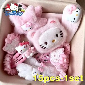 15pcs Hello Kitty Anime Pink Plush Girls Cartoon Hair Accessories Cute Side Hairpin Hair Rope Hair Ties New Headwear Girl GIft