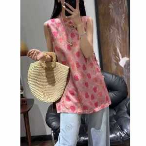 XMO | Pink Floral Printed Gauze Sleeveless Loose Blouse Tank Top