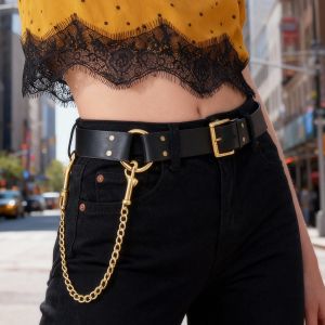 Womens Fashionable Chain Belt - Black Leather Belt with Silver Chain Detail for Everyday Style
