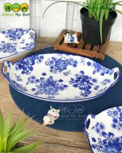 Piring Saji Kuali Oval Motif Astha Blue Ukuran 13 Inch / Serving Plate