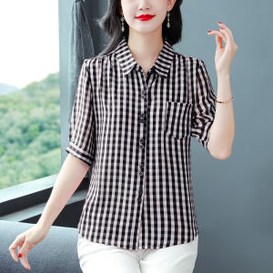 MAIMEI | Retro Hong Kong Style Womens Polo Neck Plaid Shirt Button Up Slimming Youthful Fashionable Summer New Arrival Black White