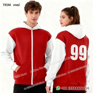 เสื้อฮู้ดซิปสีแดงหมายเลข 99 สำหรับคู่รัก แบรนด์ TESM สไตล์สปอร์ต ทรงหลวม เหมาะสำหรับออกกำลังกาย ชุดคู่รักชายหญิง