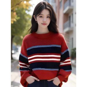 High-End Christmas Style Red Knitted Sweater Loose Long Sleeve round Neck Striped Womens Fashion Autumn Winter New Arrival