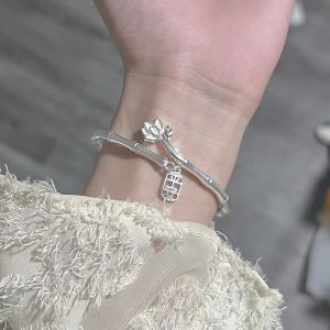 新中式竹节莲花纯银手镯S9999足银实心推拉银镯子礼物 Bamboo Lotus Sterling Silver Bracelet S999 Full Silver Solid Push-pull Silver Bracelet Gift