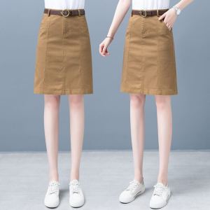 High Waist A-Line Mini Skirt Womens Summer Thin Denim Casual Mid-Length Slimming Skirts Korean Style Commute Pure Color