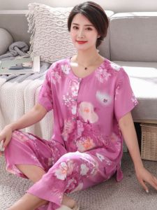 Summer Sleepwear Womens Cotton Silk Set Home Clothes Air Conditioner Clothing Mom Grandmother Cardigan Nine Points Pants