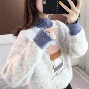 สไตล์เกาหลีพิมพ์เสื้อกันหนาวฤดูใบไม้ร่วงขนแกะหนาเสื้อกันหนาวเสื้อสวมหัวของผู้หญิงหลวมคอเต่าเสื้อกันหนาวด้านบน