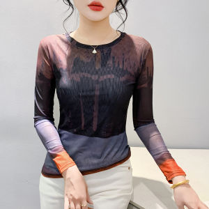 REHIN เสื้อยืดแขนยาวพิมพ์ลายมัดย้อมกราฟิกสไตล์ยุโรปเข้ารูปพอดีคอกลมแฟชั่นฤดูใบไม้ร่วง/ฤดูหนาว S-4XL สง่างามของผู้หญิง