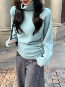 BINKAFENNY | Sweet Knitted High Collar Base Shirt Womens Autumn Winter Waist Cinching Side Button Asymmetrical Inner Wear Top