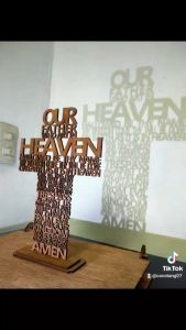 Lords prayer / Hail Mary / Jesus Crucifix Laser cut wood with a detachable stand.