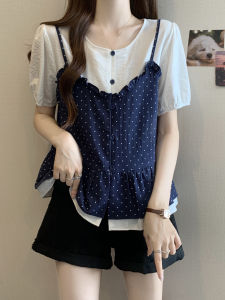 AIYITI | Elegant Polka Dot Short Sleeve Shirt Womens Summer Plus Size Concealed Belly Button Design Korean Style Loose Fit Blouse
