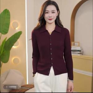 เสื้อคาร์ดิแกนถักคอปกสเวตเตอร์ผ้าขนสัตว์สำหรับผู้หญิง ฤดูใบไม้ร่วง/ฤดูหนาว 2025 ใหม่ ลำลอง กระชับสัดส่วน เสื้อตัวบน แขนยาว