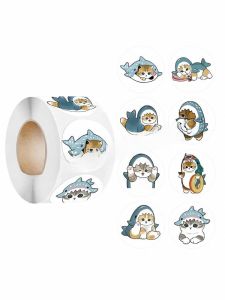 Cartoon Cat Shark Fish Stickers 500 Pieces round Decorative Labels Non-drying Adhesive Self-adhesive Copperplate Paper