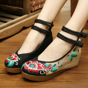 รองเท้าผ้าปักลายดอกไม้สไตล์ชาติพันธุ์สำหรับผู้หญิง ฤดูใบไม้ผลิและฤดูใบไม้ร่วง รองเท้าส้นแบน รองเท้าผ้าหนา รองเท้าหนังสัมผัสได้ดี ส้นเตี้ย ทรงหัวมน