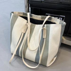 Large Capacity Canvas Tote Bag Commuter Womens Bag Casual Stripe Pattern Korean Style Single Shoulder Handbag for Youth