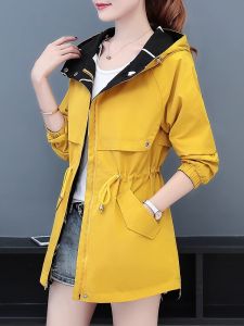 Double-Sided Yellow Lightweight Spring Autumn Womens Jacket Loose Fit Windbreaker Thin Polyester Fiber Long Sleeve Zipper Closure