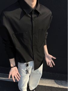 Spring Pure Color Heavyweight Long Sleeve Mens Casual Loose Couple Trendy Large Size Shirt Top Coat Polyester Fiber Square Collar Single Button