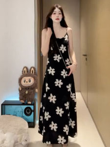 QINWEIYU | French Elegant Black Floral Print Strap Dress Women Summer 2025 New Beach Vacation Long Dress Sweet Style High Waist Polyester Fiber