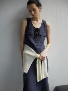 Moofeel French Vintage Vest Dress Linen Long Skirt Blue Sleeveless Waist Cinched Summer 2025 Elegant Commute U-Neck A-Line Dress