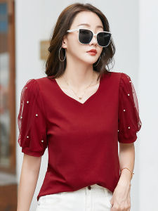 Womens Pure Cotton Short Sleeve V-Neck T-Shirt Loose Fit Slimming Summer New Style Cover Belly Fashionable Top Korean Style