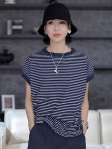 BINKAFENNY | Retro Korean Style Womens T-shirt Round Neck Short Sleeve Loose Fit Summer Plus Size Casual Versatile Striped Top For Younger Women