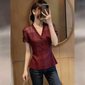 KUNAILIN | French Style V-Neck Button Wood Ear Design Slimming Summer Womens Top