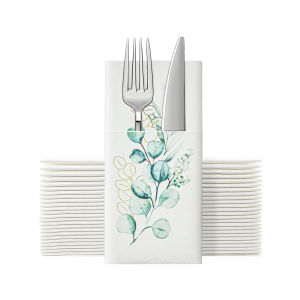 JINYUDOME-Disposable White Linen-Feel Prefolded Napkins Built-in Flatware Pocket for Wedding Party 15.75x15.75in