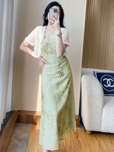 SUYE | Slimming High-Waist Retro Lace and Floral Summer Dress Set