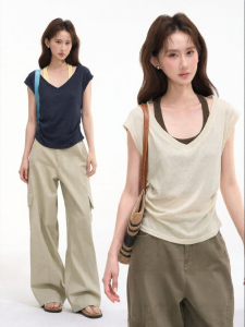 HTMEME | Áo Thun Nữ V-Neck Tay Ngắn Kiểu Mô Phỏng Áo Hai Mảnh