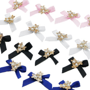 (15pcs/pack)3*4.5cm Alloy Inlaid Rhinestone Imitation Pearl Ribbon Bow DIY Hair Clip Brooch Childrens Handmade Toy Accessories