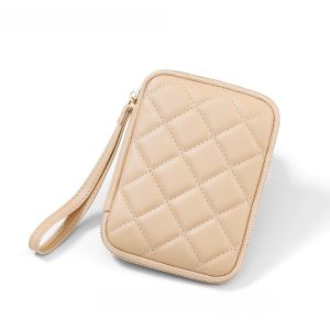 Slim Lightweight Soft Leather Passport Wallet Card Holder Storage Bag Diamond Pattern Handheld Business OL Style Zipper Closure