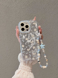 เคสโทรศัพท์มือถือแบบป้องกันลายดอกไม้สีฟ้าสำหรับ Apple 15 pro 14 13 pro Max 12 16 17 Air สายรัดข้อมือ ลายสุนัข สำหรับผู้หญิง