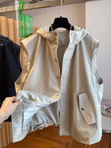 Casual Hooded Vest Womens Spring Autumn 2025 New Loose Workwear Sleeveless Shoulder Pad Jacket Top Nylon Fiber 100% Solid Color