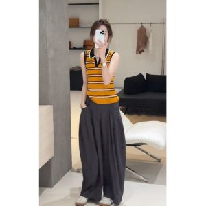 YUEZHONGWEI | Color Block Stripe Turn-Down Collar Icy Silk Knit Slim-fit Sleeveless Top for Summer