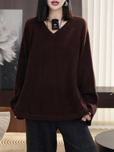 QINGNAER | Stylish Vintage Lazy Big Size Womens V-Neck Brown Knitwear