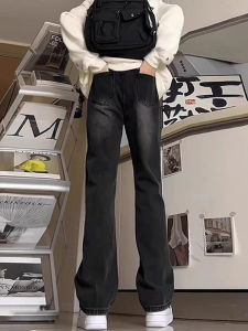 กางเกงยีนส์ทรงตรงขากว้างผ้าขนแกะสีดำเทาสไตล์อเมริกันสตรีทสำหรับผู้ชาย กางเกงขายาวทรงเข้ารูป ทรงหลวม ทรงเข้ารูป ทรงเข้ารูป